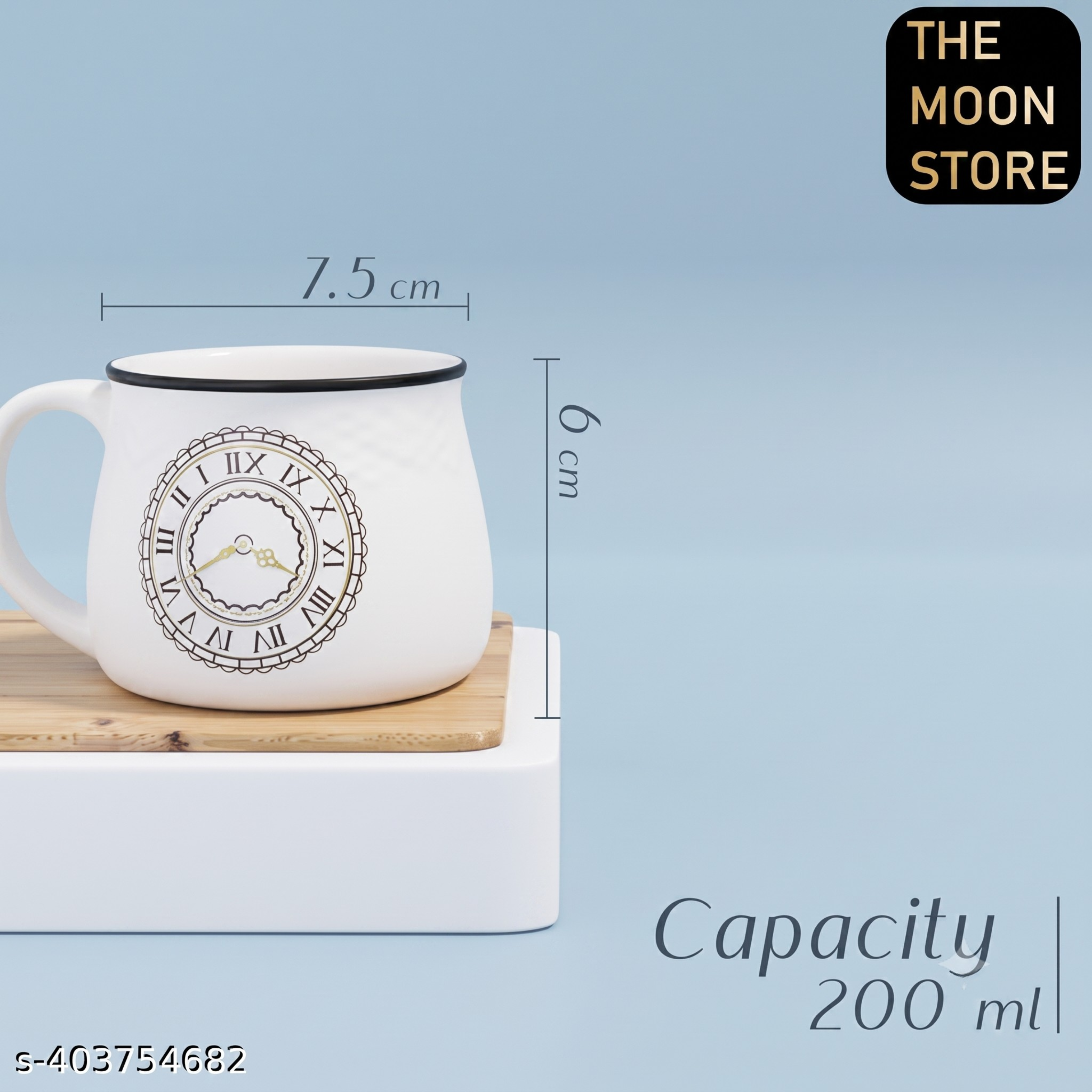 Set of 6 White Ceramic Tea & Coffee Cups with Clock Print | 200ml, Microwave Safe Kitchen Drinkware