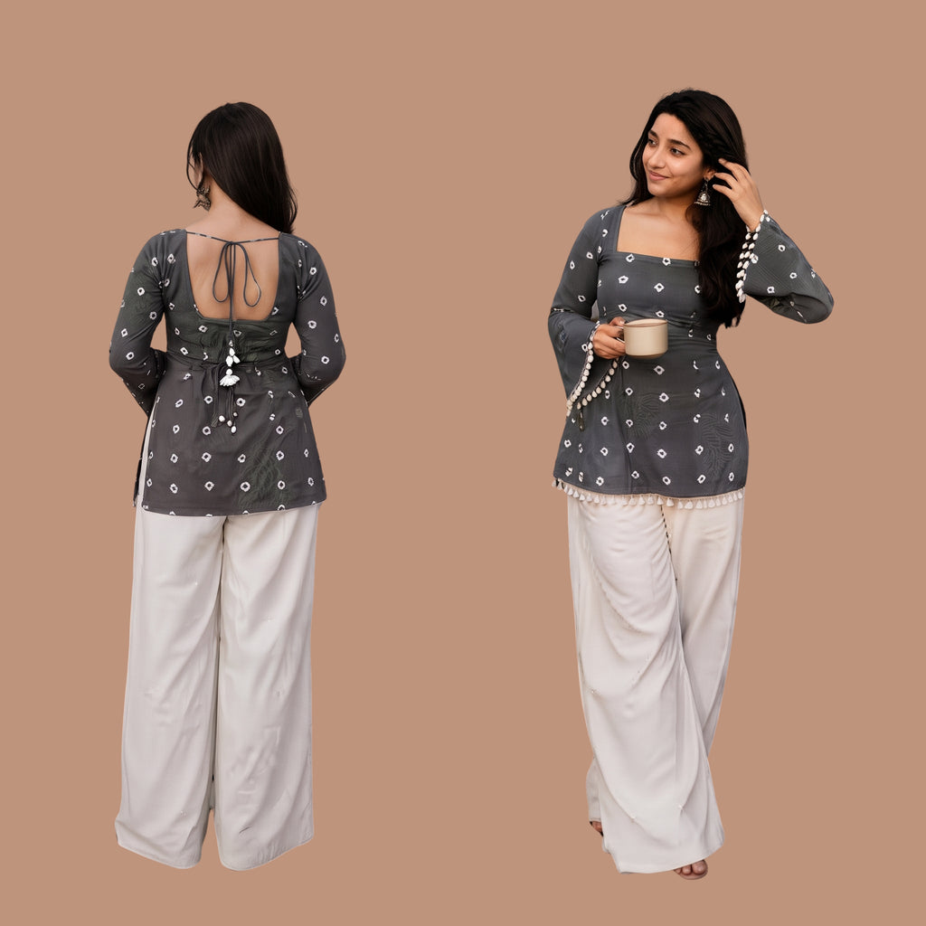 Women's Grey Printed Short Kurti with Back Tie-Up | Stylish Casual & Festive Wear