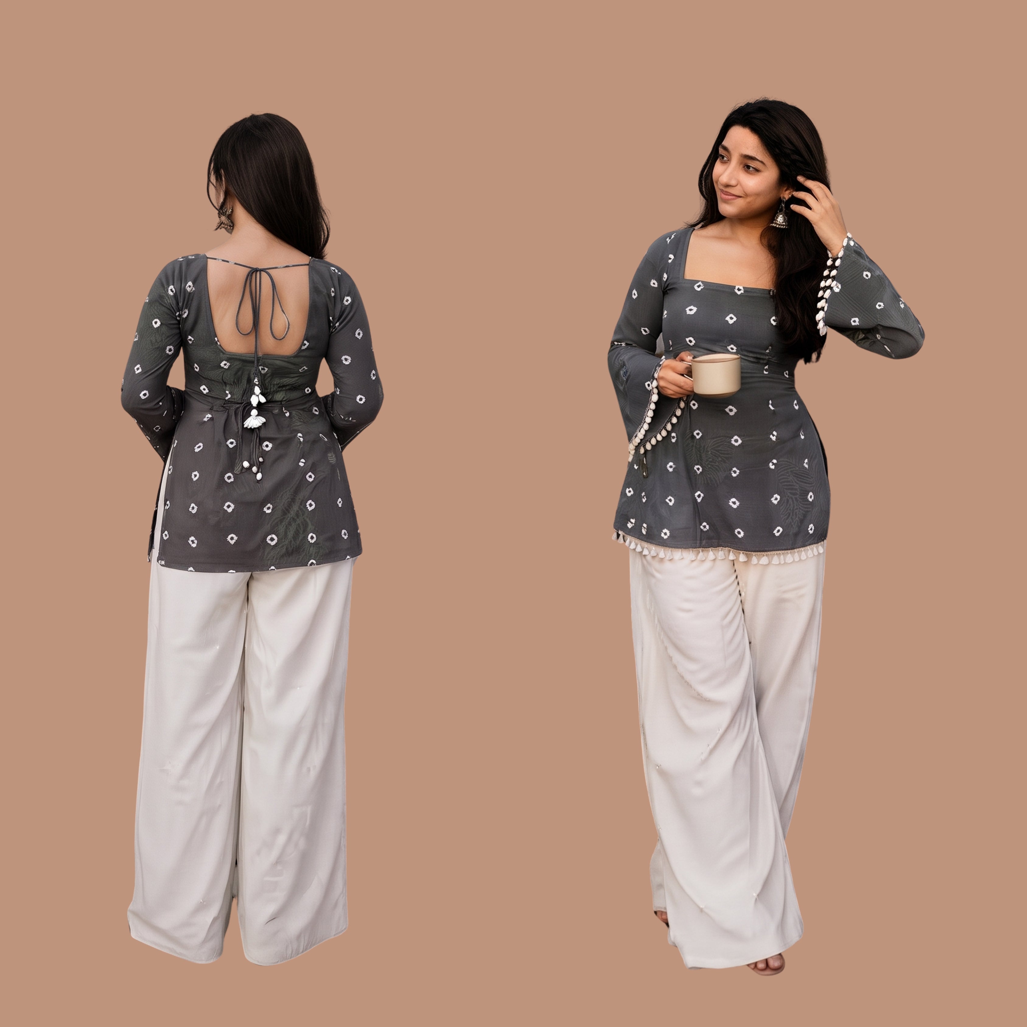 Women's Grey Printed Short Kurti with Back Tie-Up | Stylish Casual & Festive Wear