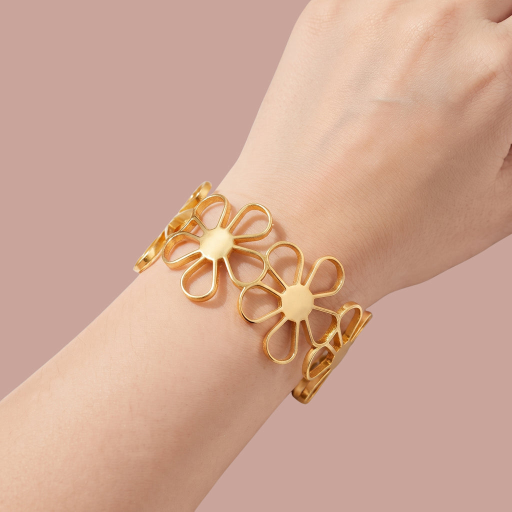 Minimalist Gold Flower Adjustable Bracelet for Women | Anti-Tarnish Floral Cuff Bracelet