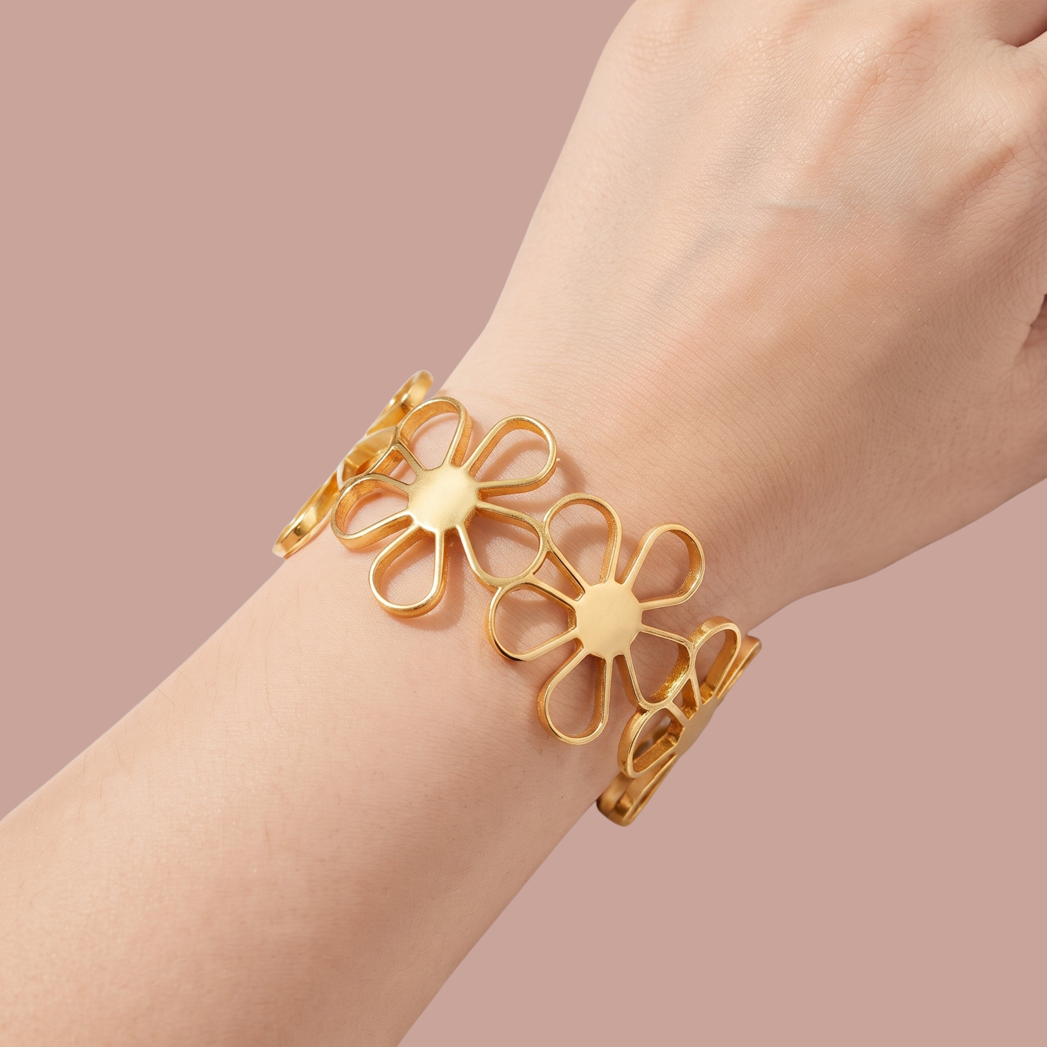 Minimalist Gold Flower Adjustable Bracelet for Women | Anti-Tarnish Floral Cuff Bracelet
