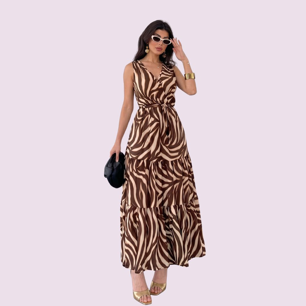 Brown Abstract Print Tiered Maxi Dress