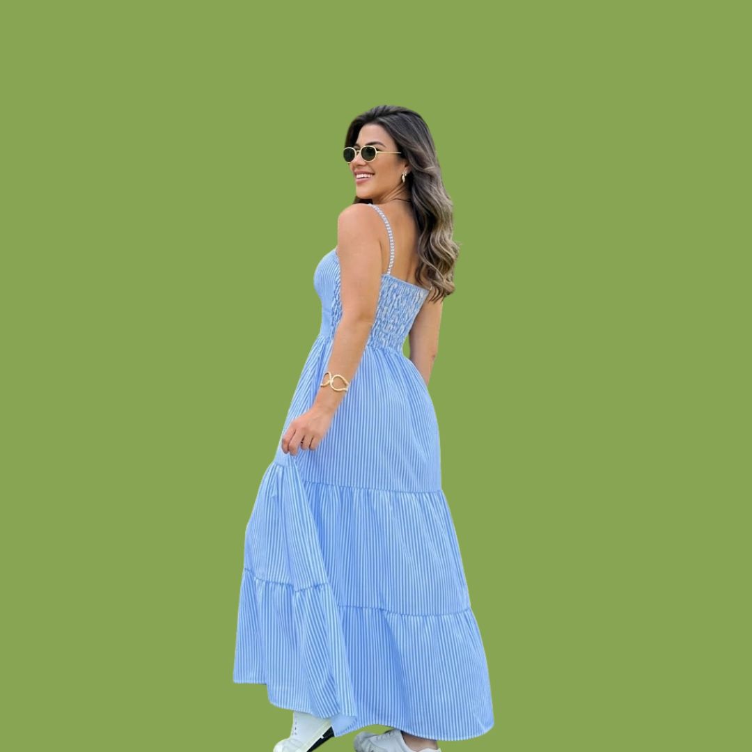 Sky Blue Striped Bow Detail Maxi Dress for Women | Sleeveless Summer Flowy Dress