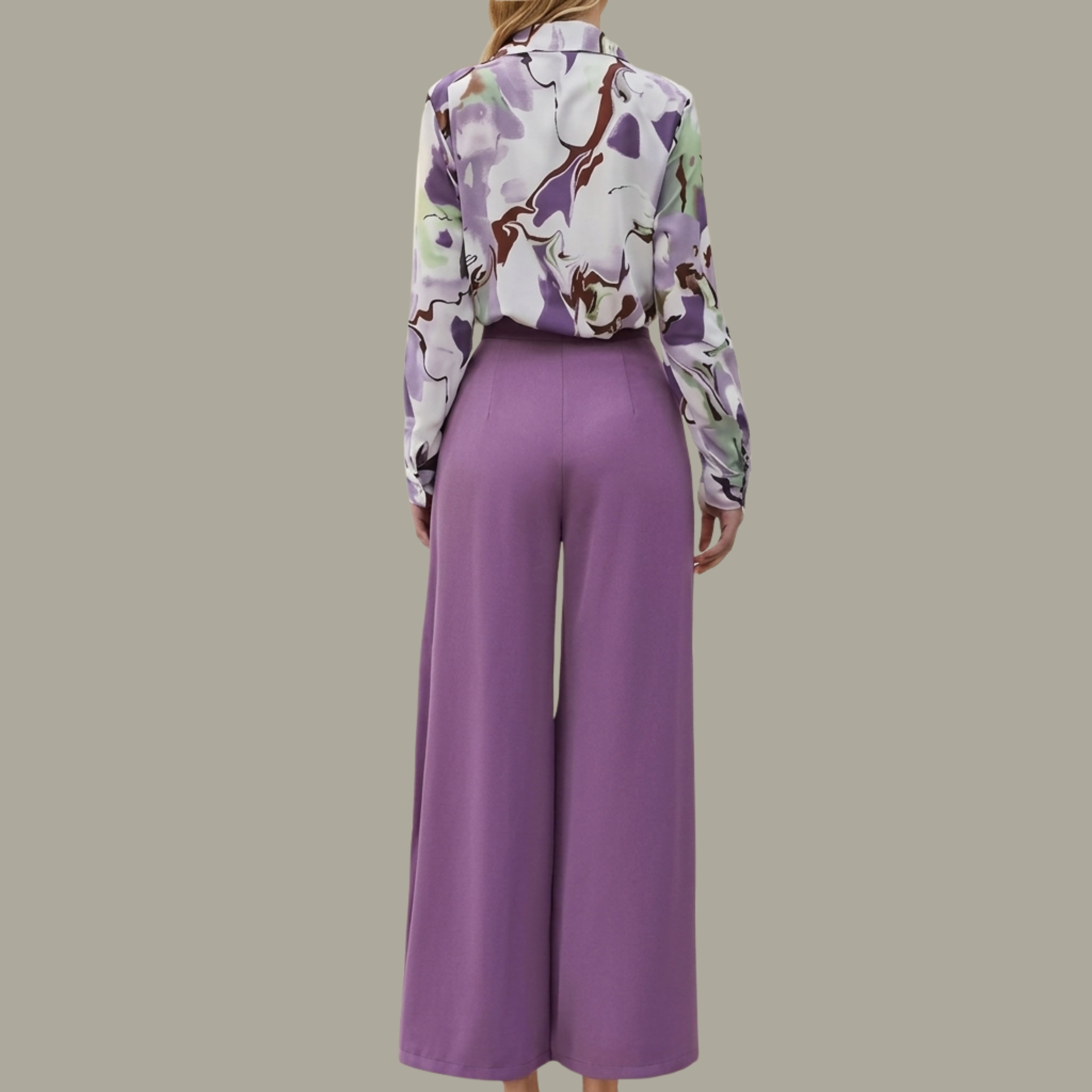 Women's Purple Printed Shirt & High-Waist Wide Leg Pants Co-Ord Set | Elegant Casual Two-Piece Outfit