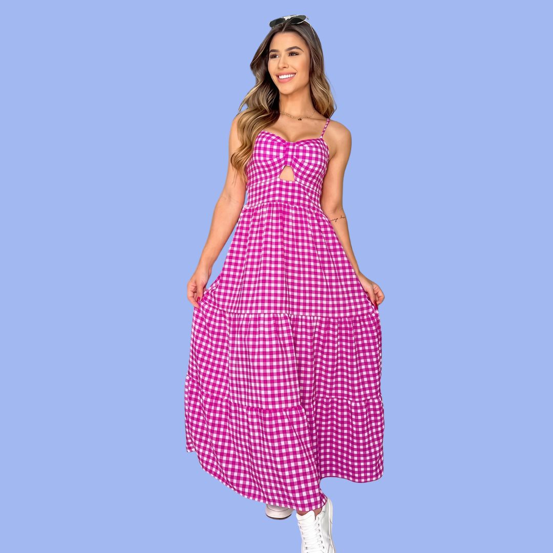 Pink Gingham Cut-Out Maxi Sleeveless Summer Casual Dress