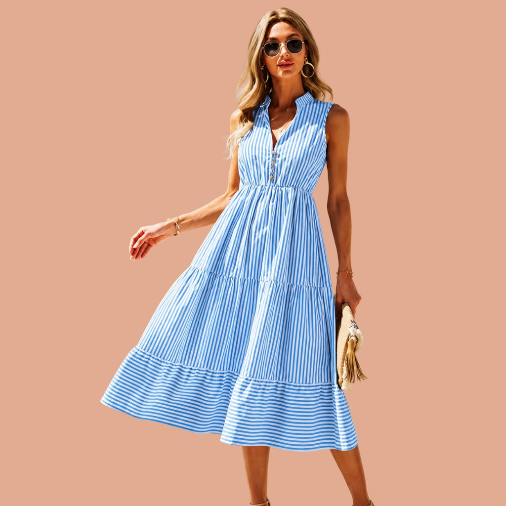 Blue & White Striped Sleeveless Tiered Midi Dress