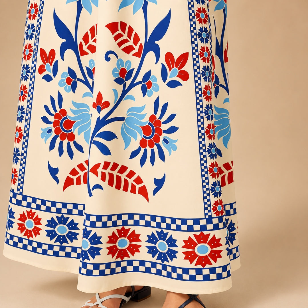 Blue & Red Floral Printed Cotton Maxi Dress