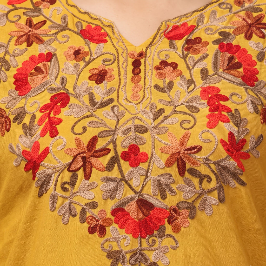 Women's Yellow Floral Embroidered Short Kurti  | Casual, Office & Festive Wear