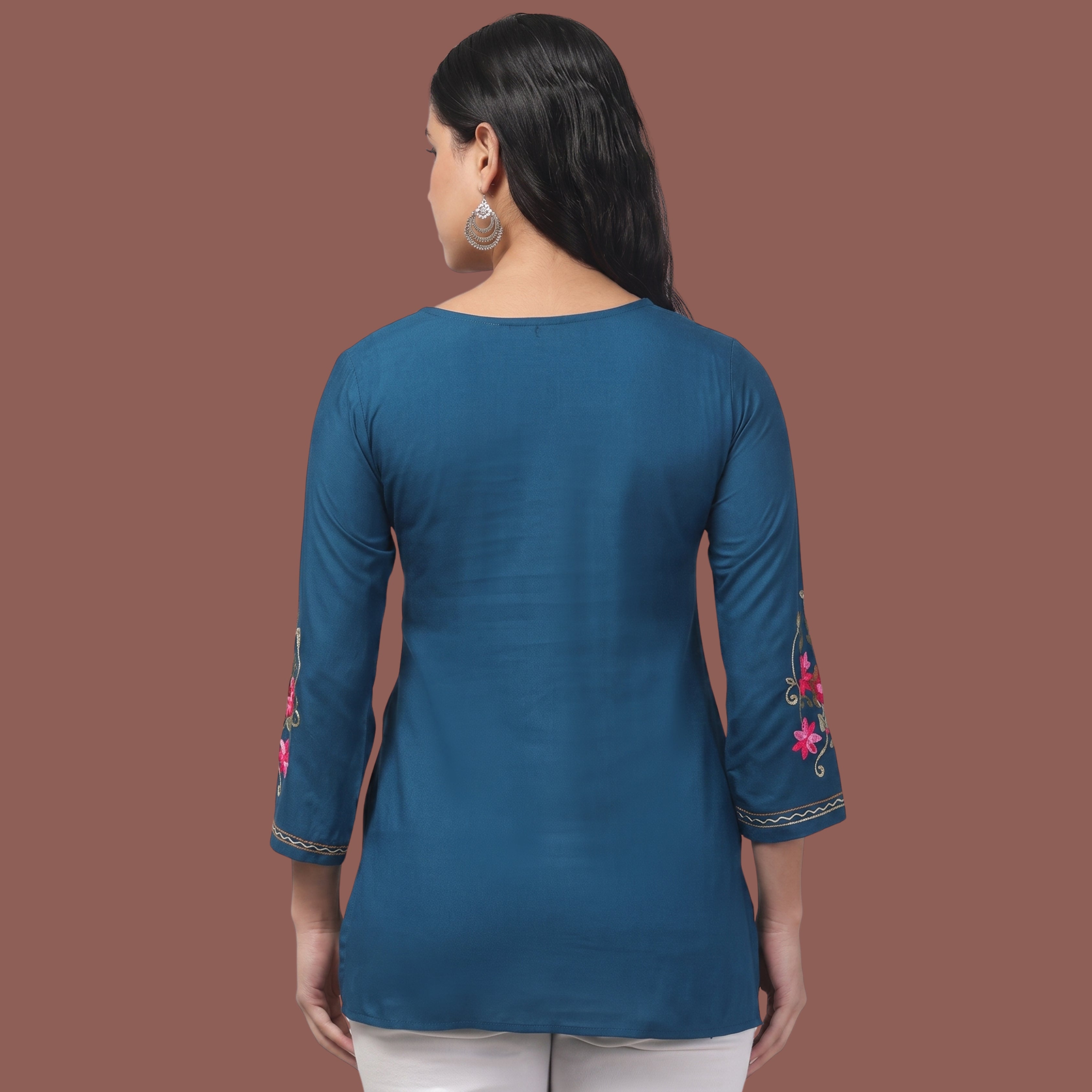 Women's Blue Floral Embroidered Short Kurti | Casual & Office Wear Kurti