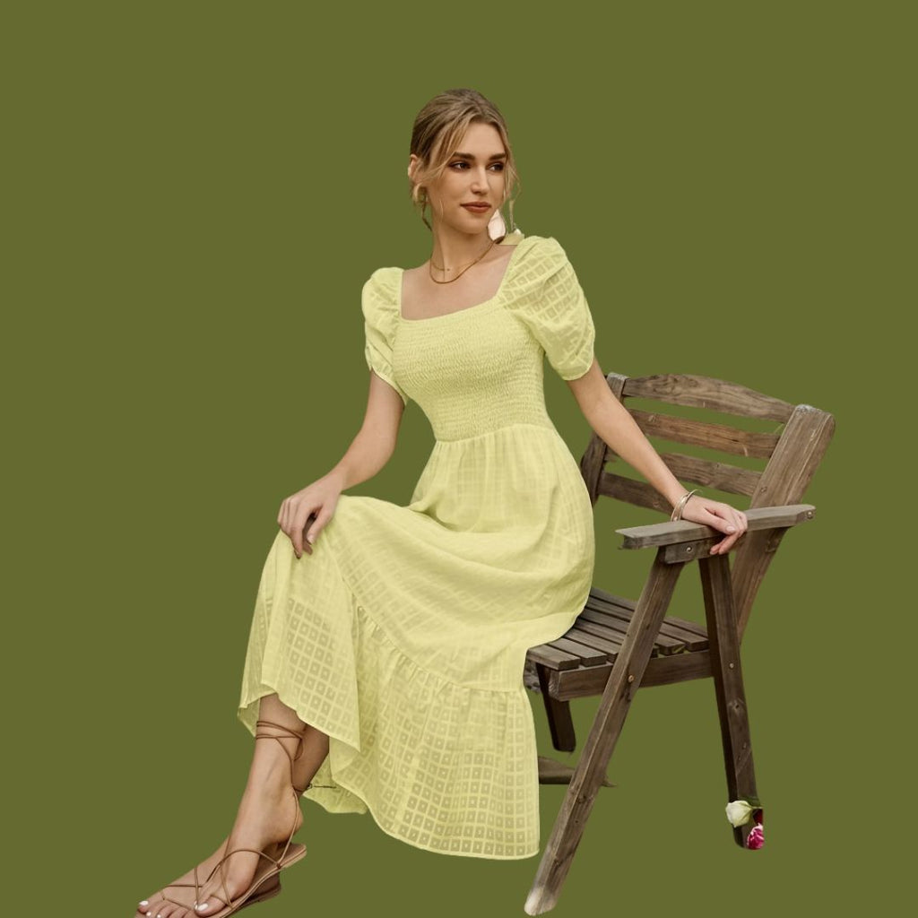 Yellow Smocked Square Neck Puff Sleeve Midi Dress for Women