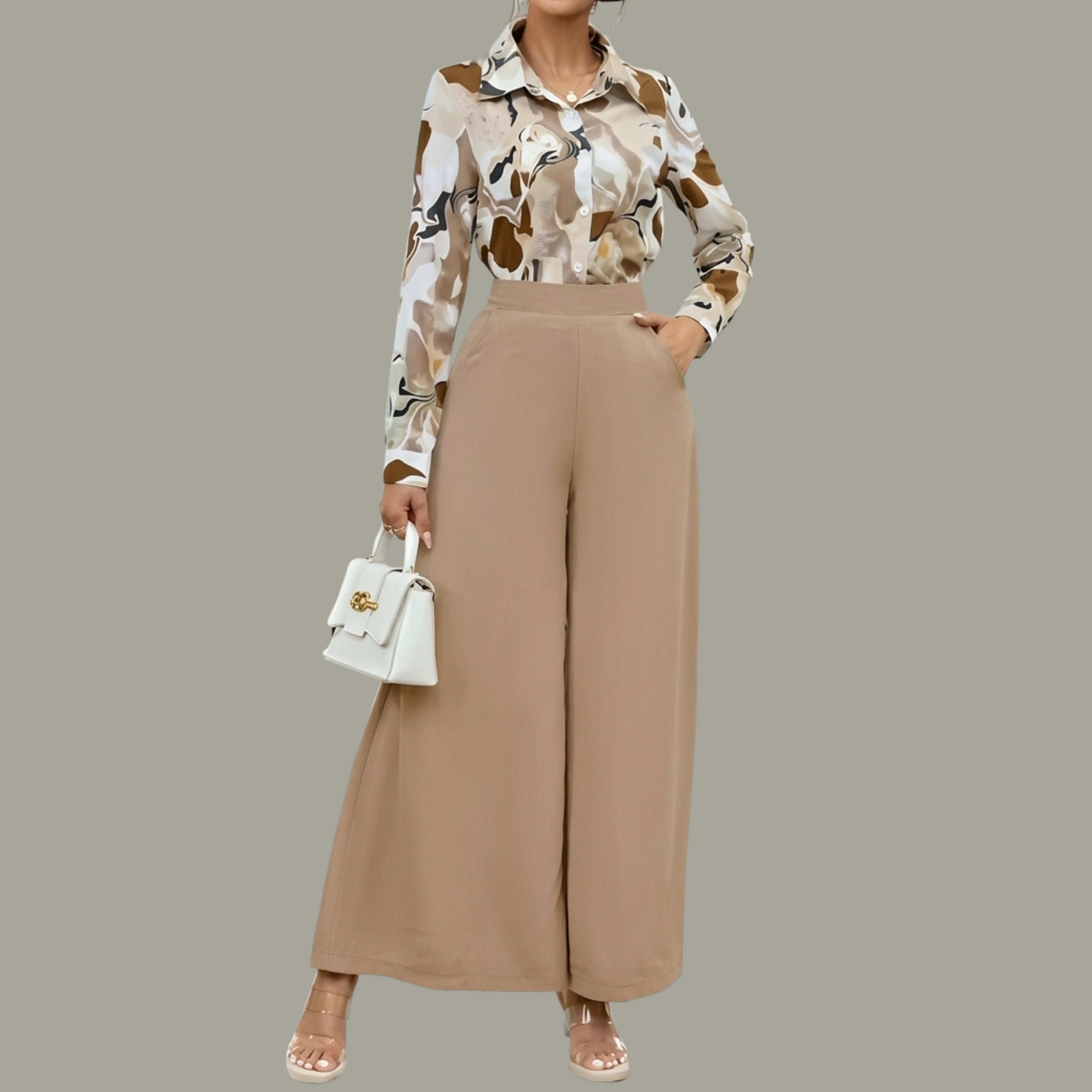 Women's Beige Printed Shirt & High-Waist Wide Leg Pants Co-Ord Set | Elegant Casual Two-Piece Outfit