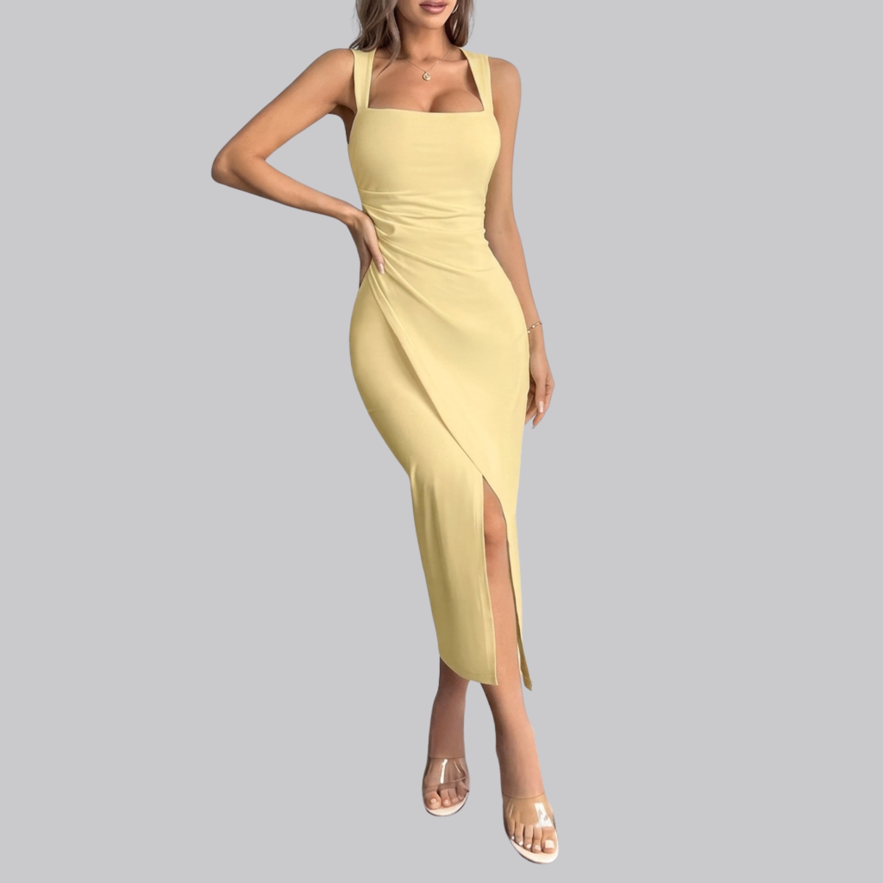 Women’s Yellow Square Neck Midi Dress with Front Slit -Elegant Bodycon Dress