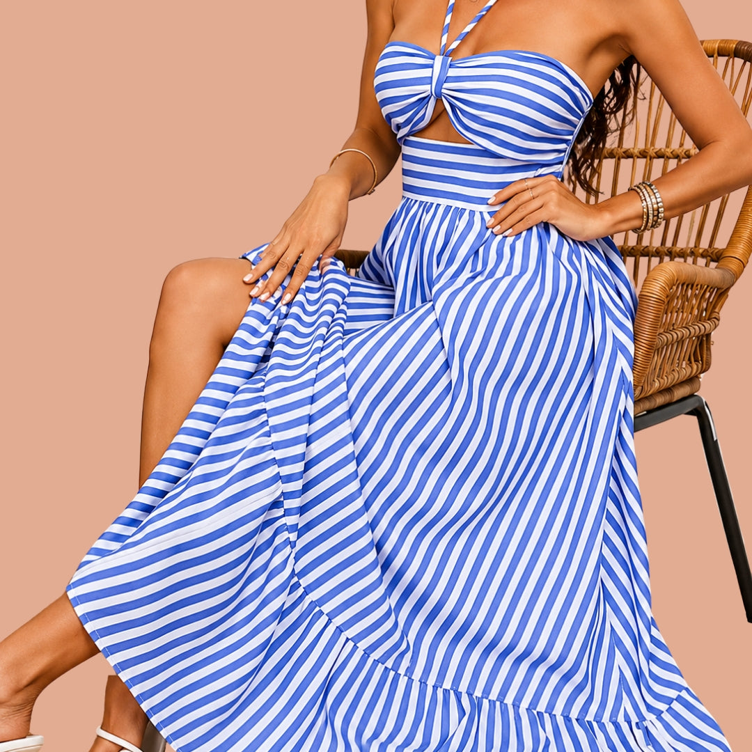 Blue & White Striped Cut-Out Halter Maxi Dress