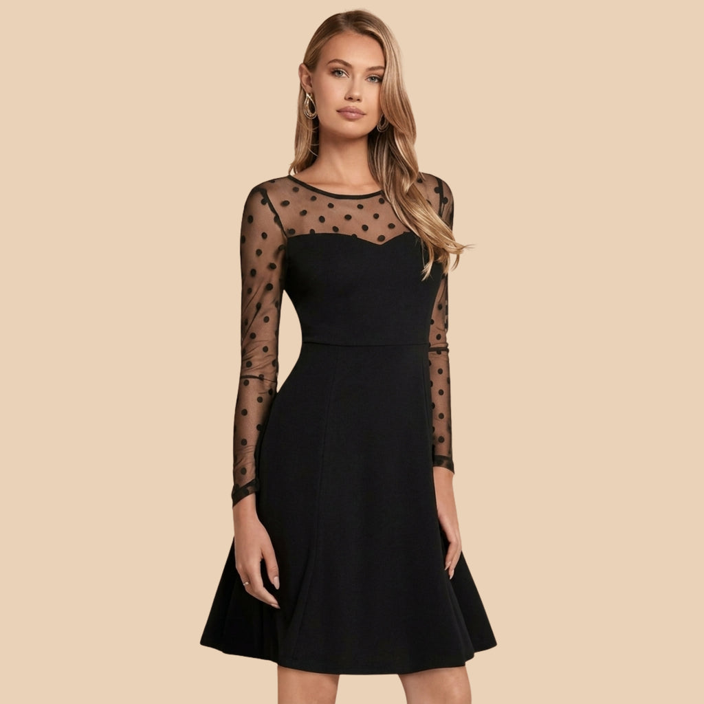 Women’s Black Polka Dot Mesh Sleeve Fit & Flare Cocktail Dress | Elegant Party Dress