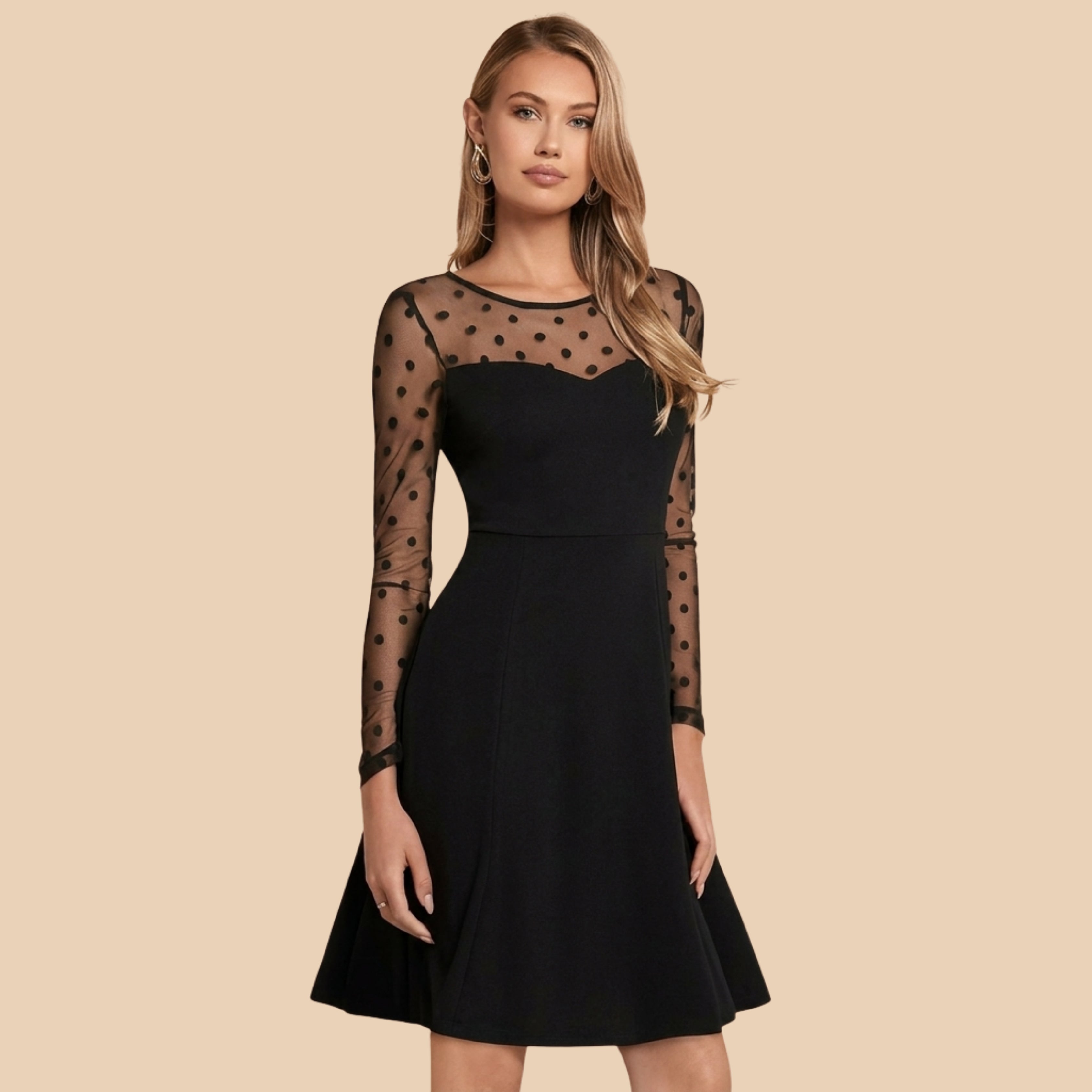 Women’s Black Polka Dot Mesh Sleeve Fit & Flare Cocktail Dress | Elegant Party Dress