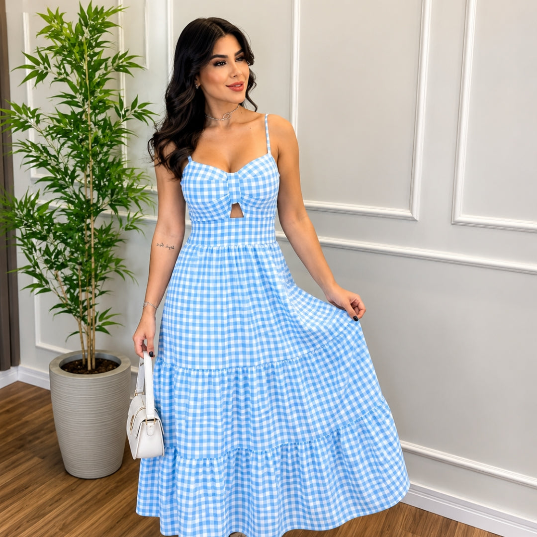 Sky Blue Gingham Maxi Summer Cotton Dress