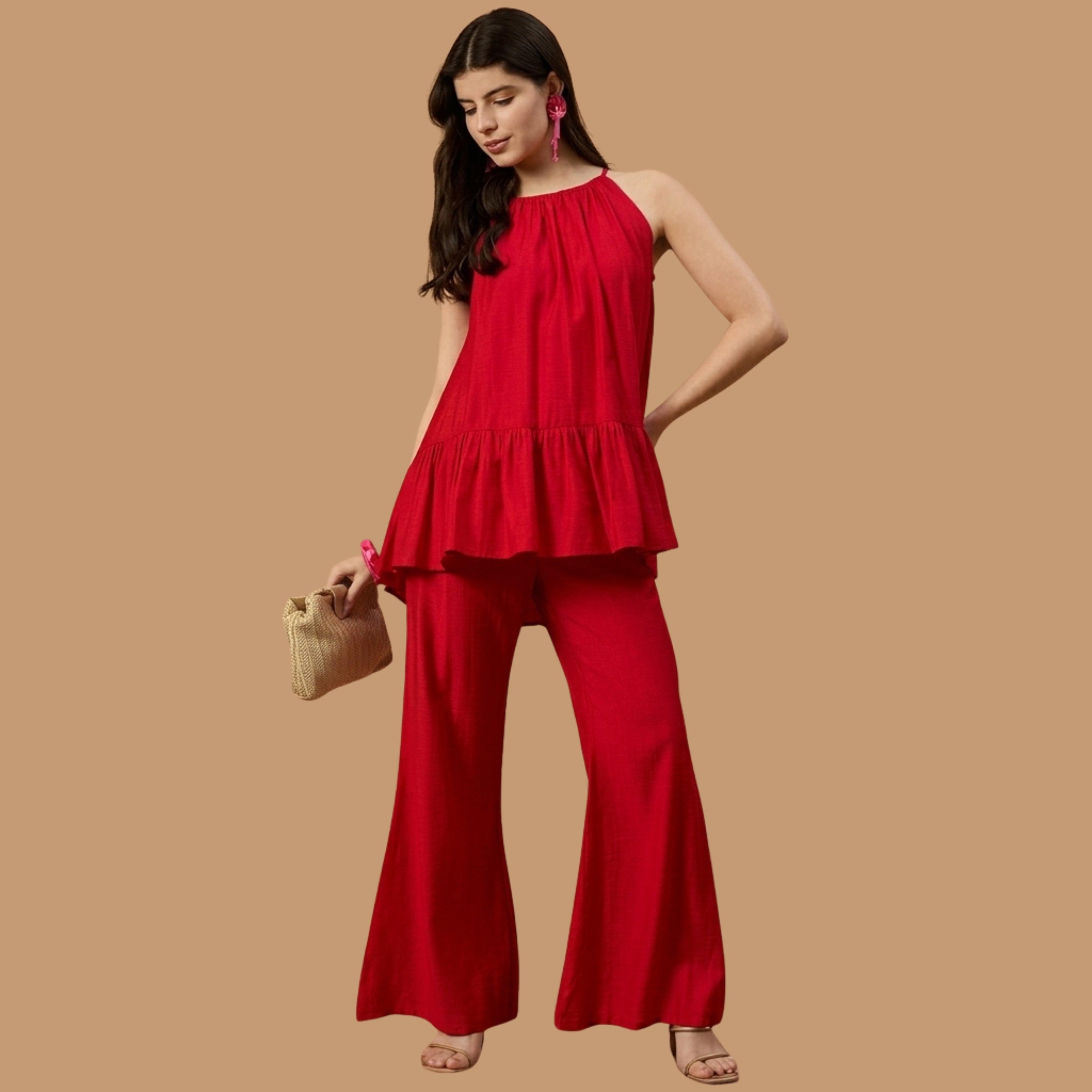 Women's Red Halter Neck Peplum Co-Ord Set with Wide Leg Pants
