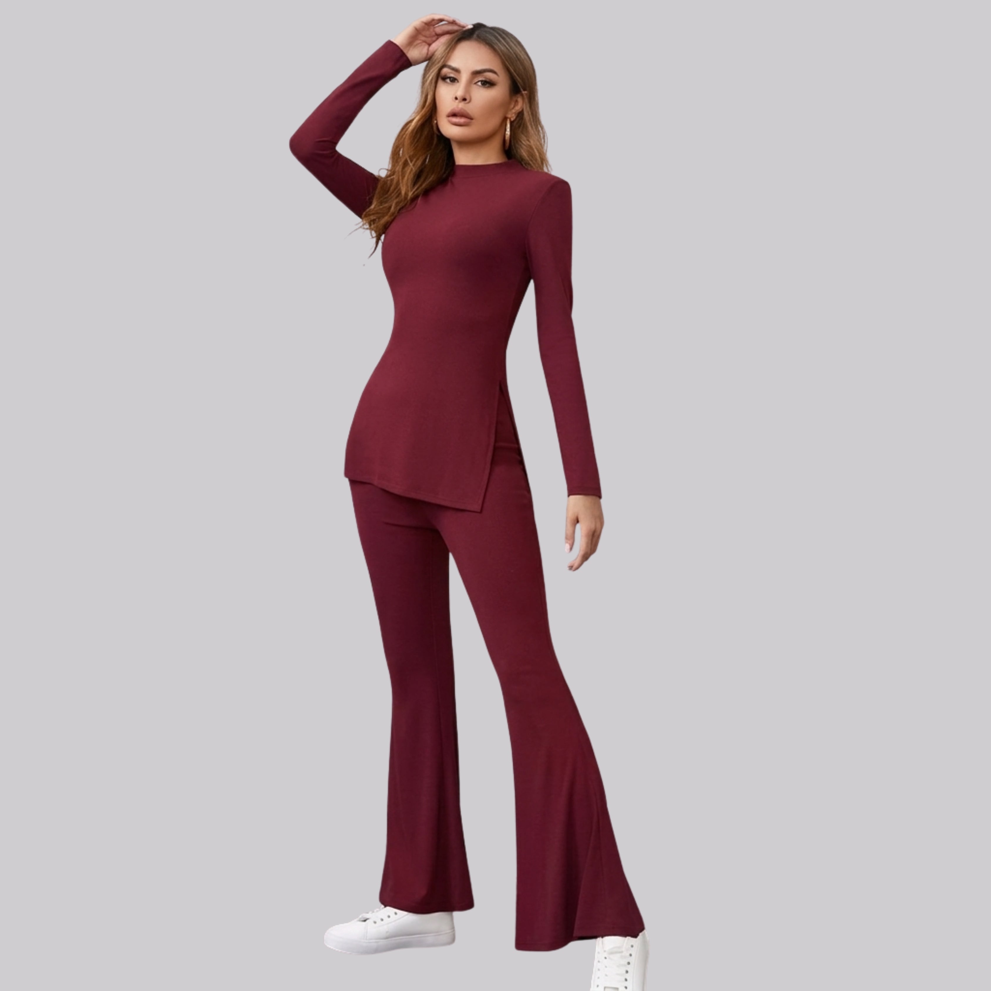 Women's Long Sleeve Co-Ord Set | Mock Neck Top & Flared Pants