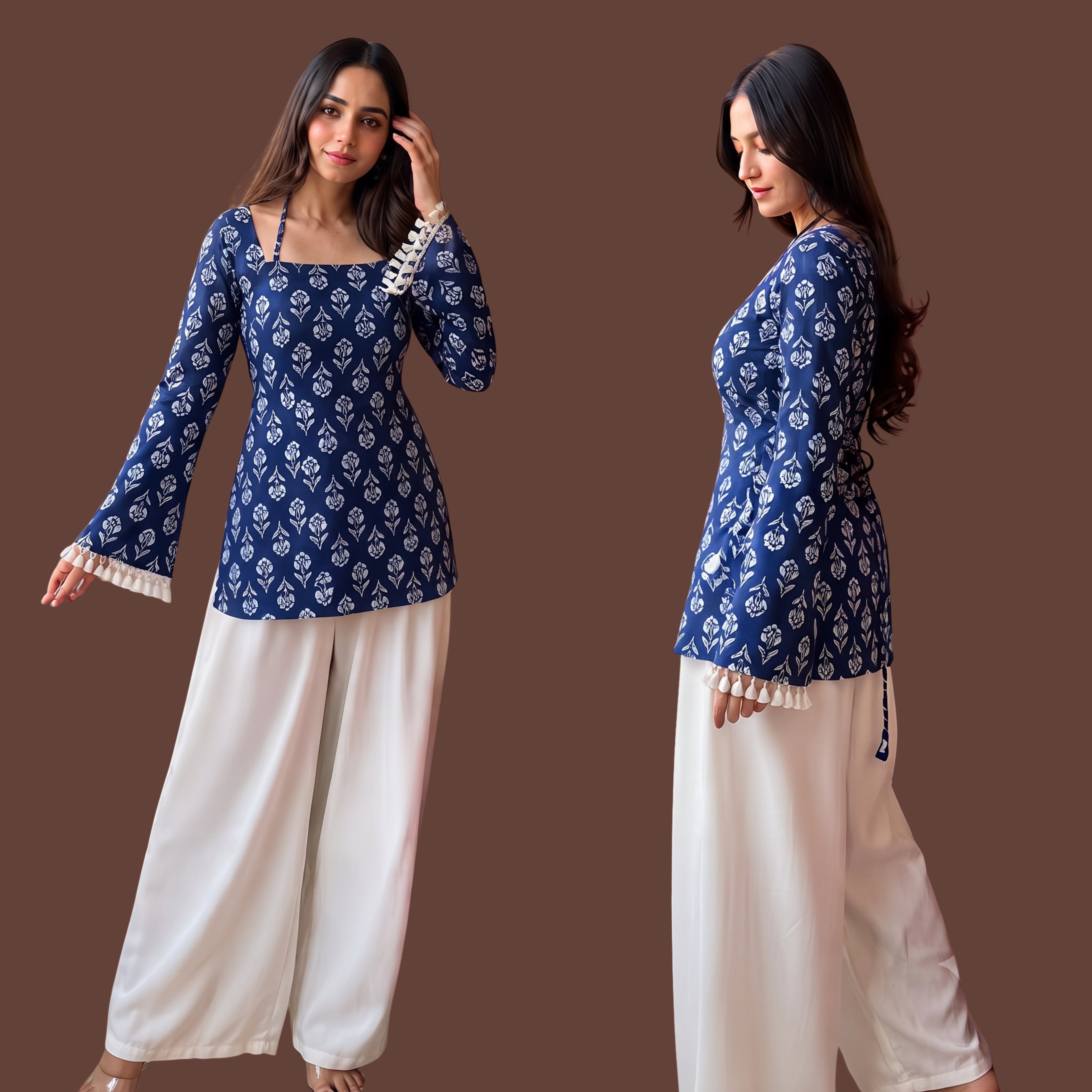 Women's Blue Floral Printed Short Kurti | Bell Sleeve Cotton Blend Ethnic Top with Back Tie-Up