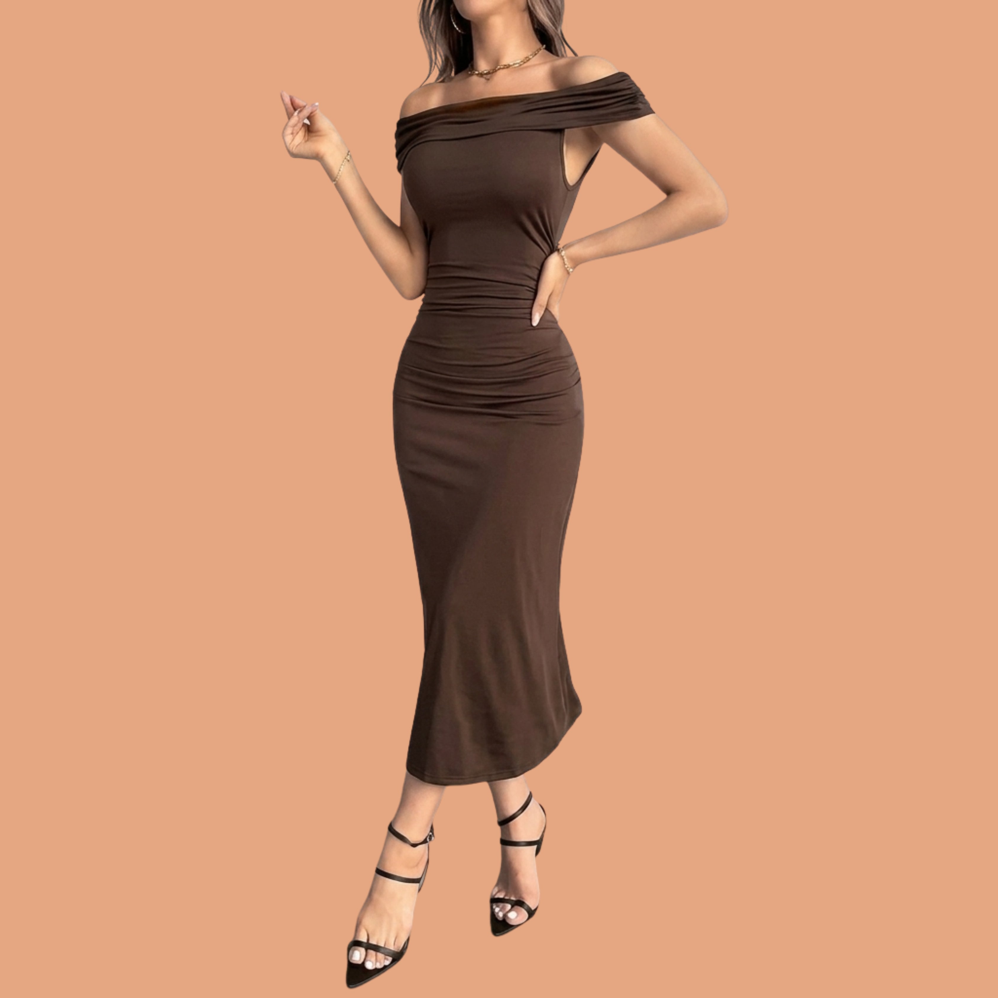 Brown Off-Shoulder Ruched Bodycon Midi Dress for Women