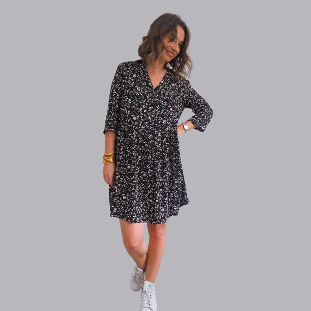 Black Floral Print V-Neck Mini Dress for Women | Casual A-Line Day Dress