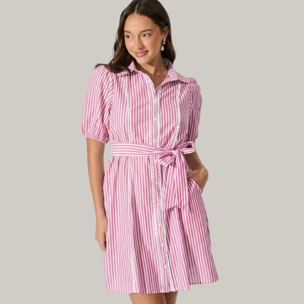 Pink Striped Shirt Dress for Women | Collared Tie-Waist Mini Dress with Puff Sleeves