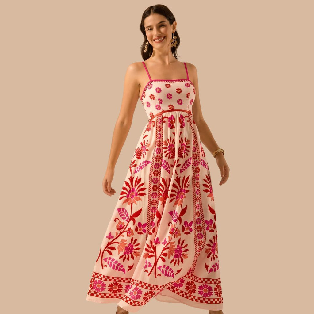 Pink Floral Printed Maxi Sleeveless Summer Dress