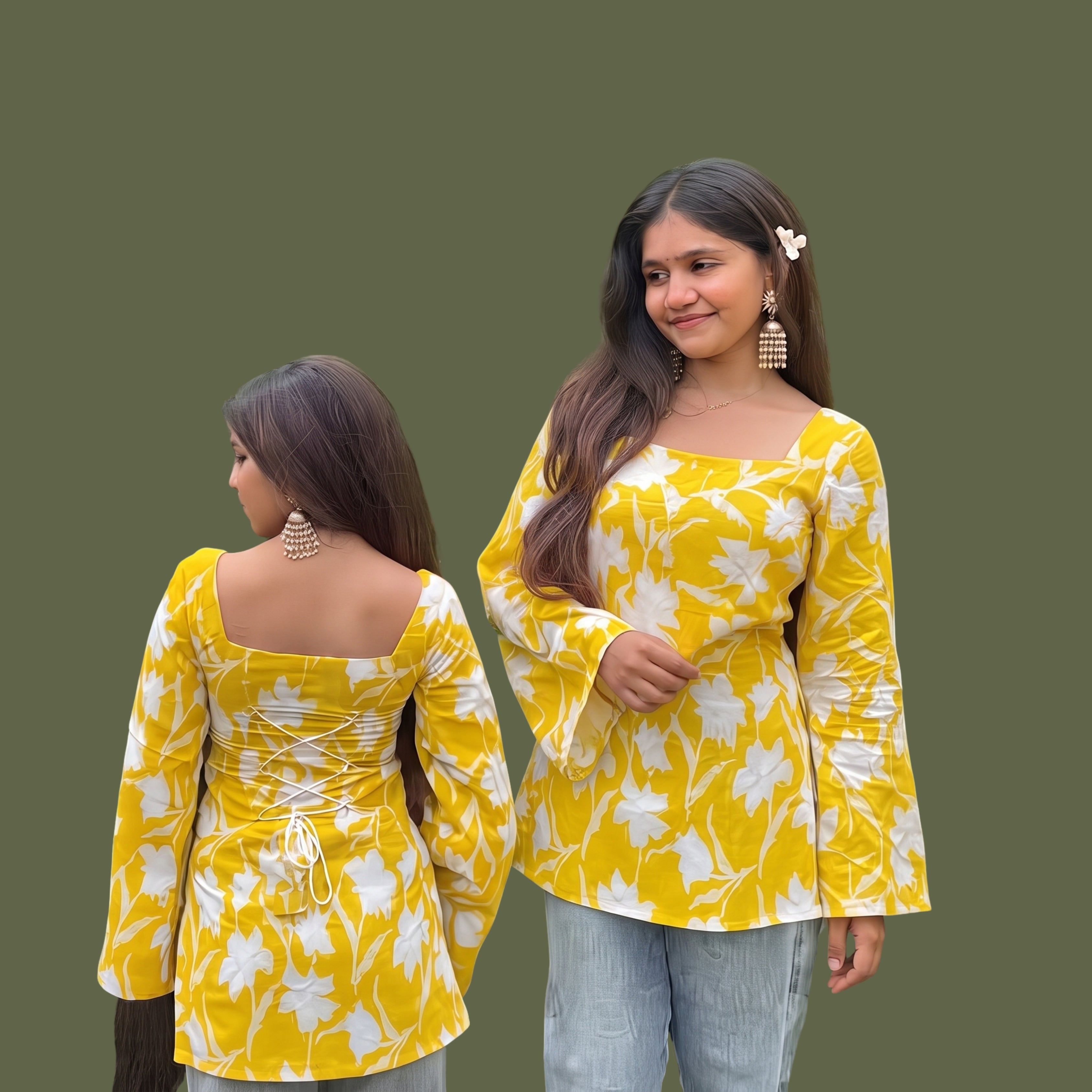 Women's Yellow Floral Printed Short Kurti | Square Neck Bell Sleeve Ethnic Top with Back Tie-Up
