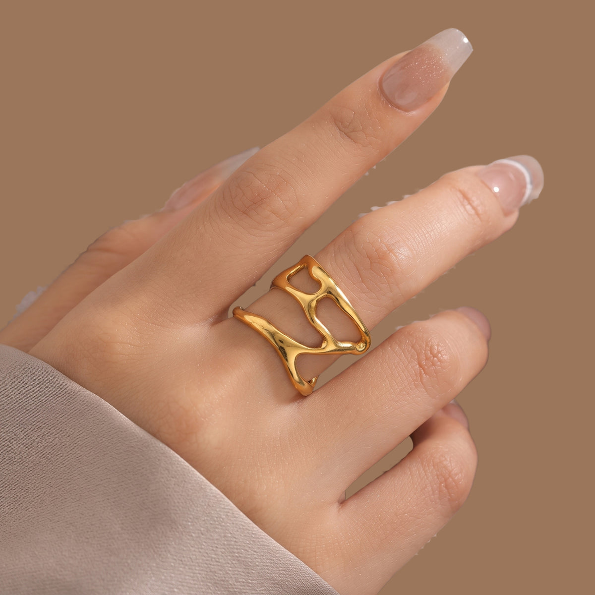 Adjustable Gold-Tone Abstract Statement Ring for Women | Anti-Tarnish Fashion Ring | BS