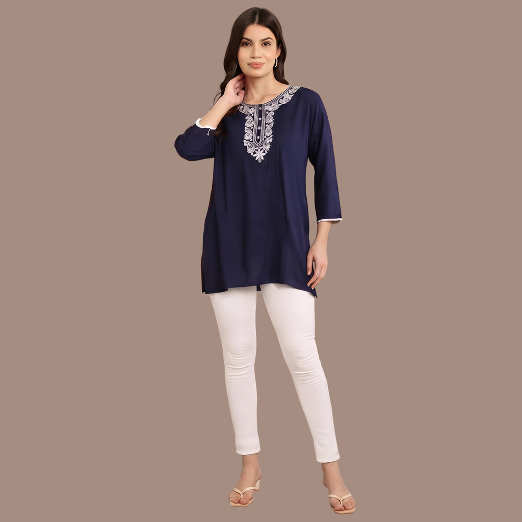Women's Navy Blue Embroidered Short Kurti | Casual Ethnic Kurti for Women