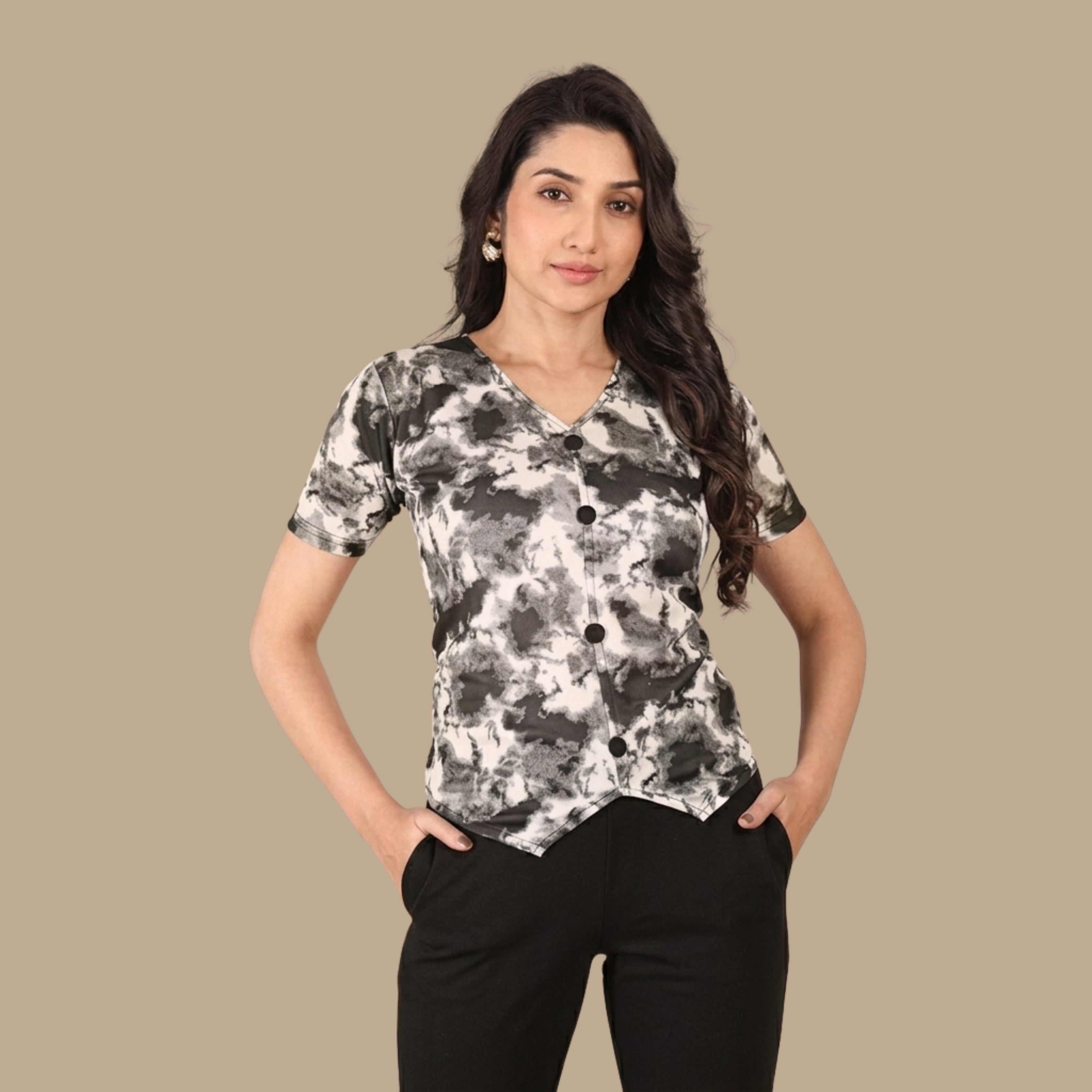 Women’s Black Printed Co-Ord Set | Abstract Print V-Neck Top with Black Flared Pants