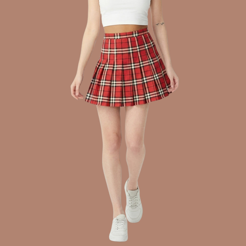 Korean Style Red Plaid Pleated Mini Skirt for Women | High Waist A-Line Tennis Skirt | Nine99 Store