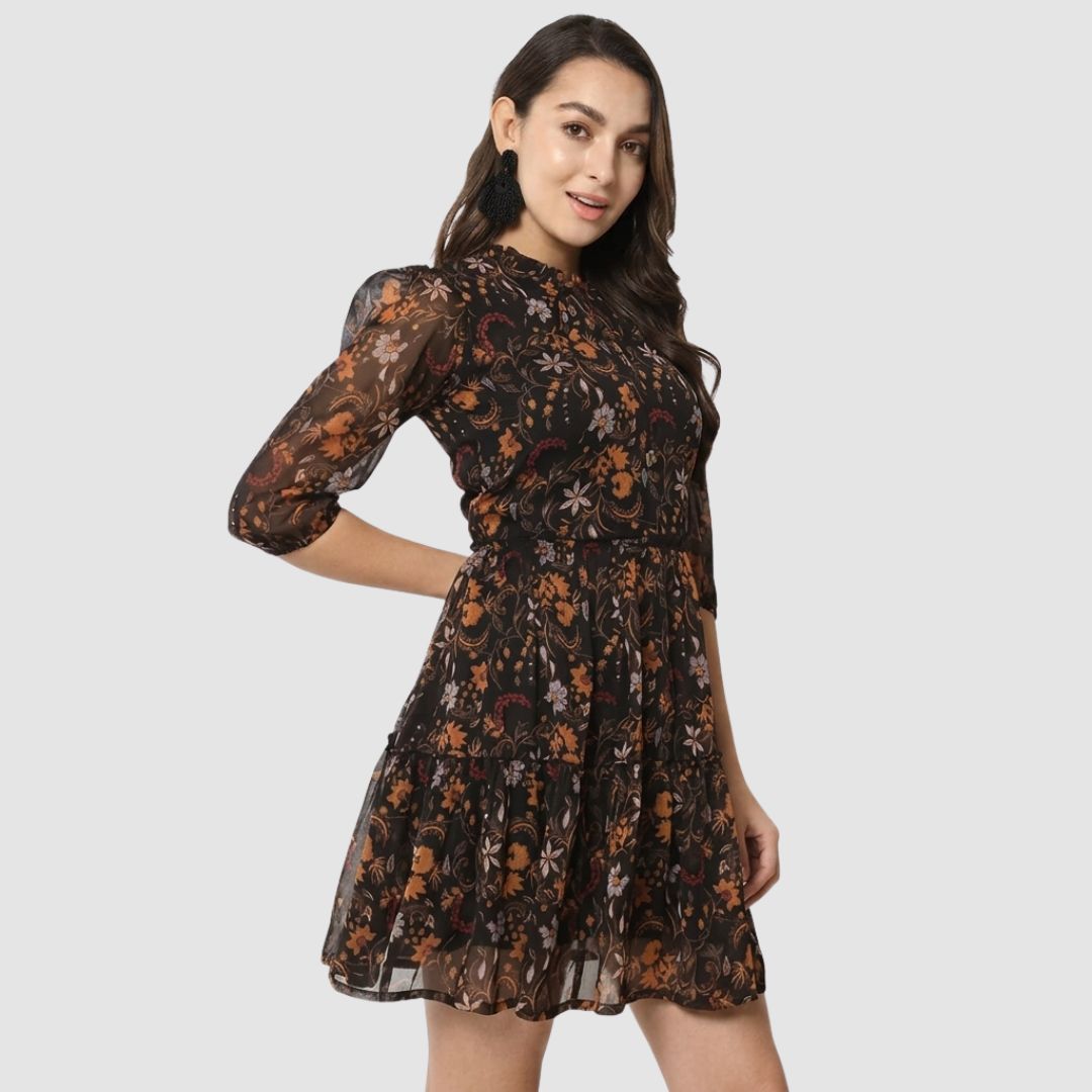 Black Printed Ruffle Hem Party Dress for Women