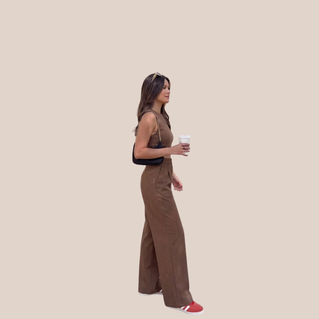 Women's Solid Brown Crop Top & Wide Leg Pant Co-Ord Set | Sleeveless Two-Piece Casual Lounge & Travel Outfit