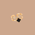 Black Clover Adjustable Ring for Women | Anti-Tarnish Open Ring | Elegant Lucky Clover Statement Ring