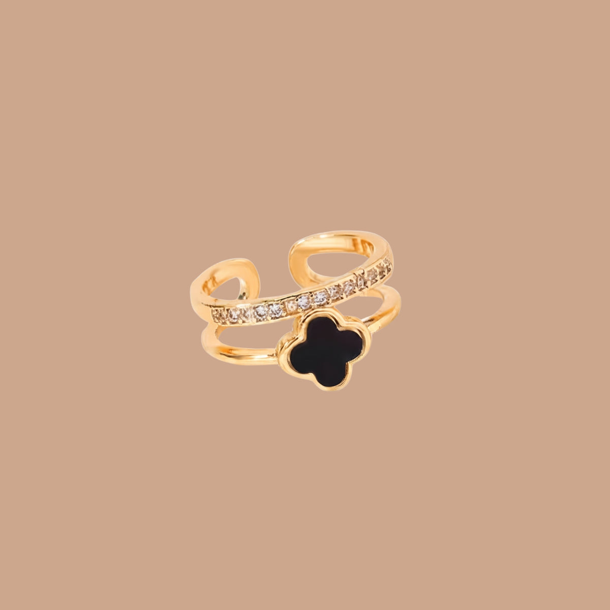Black Clover Adjustable Ring for Women | Anti-Tarnish Open Ring | Elegant Lucky Clover Statement Ring
