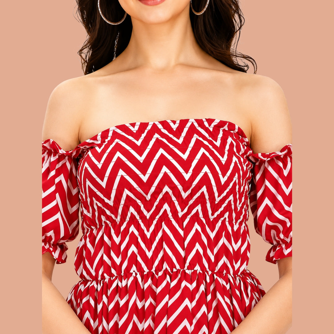 Red Chevron Print Off-Shoulder High-Low Maxi Dress