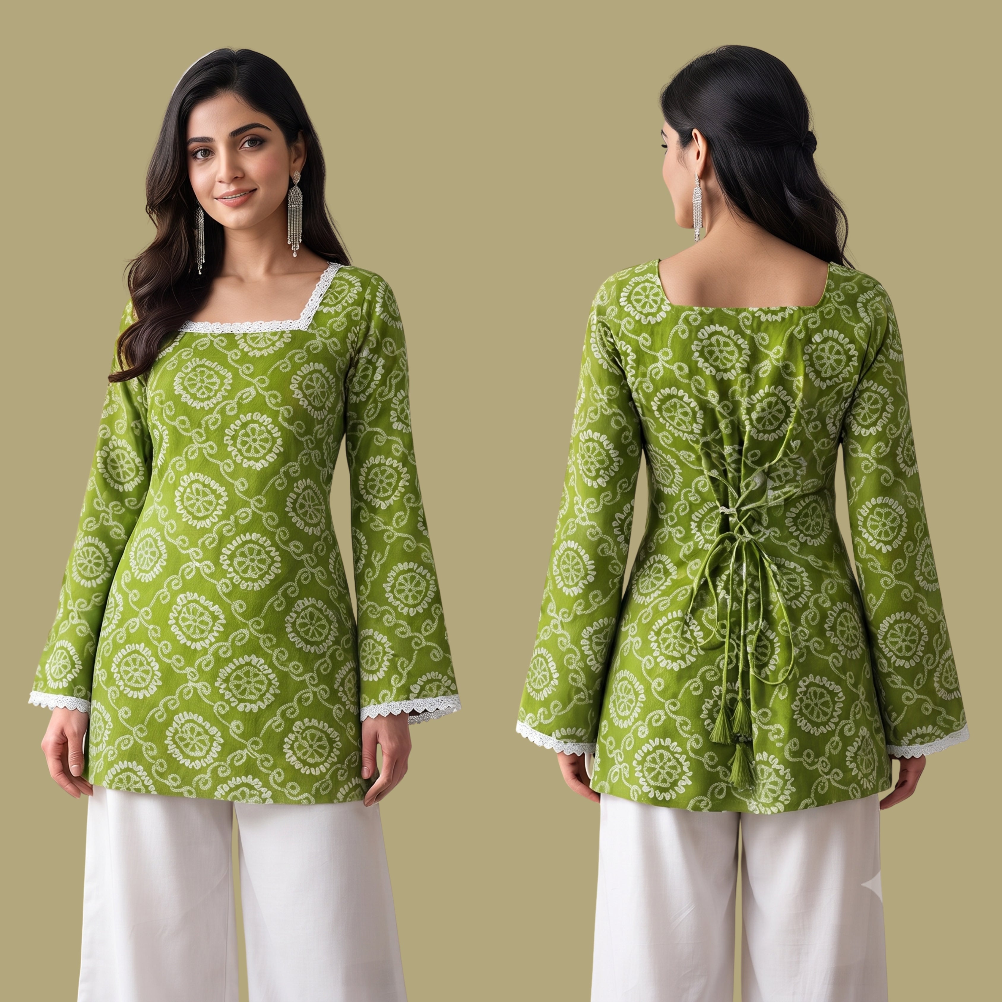 Women's Green Printed Short Kurti with Back Tie-Up | Casual & Festive Wear