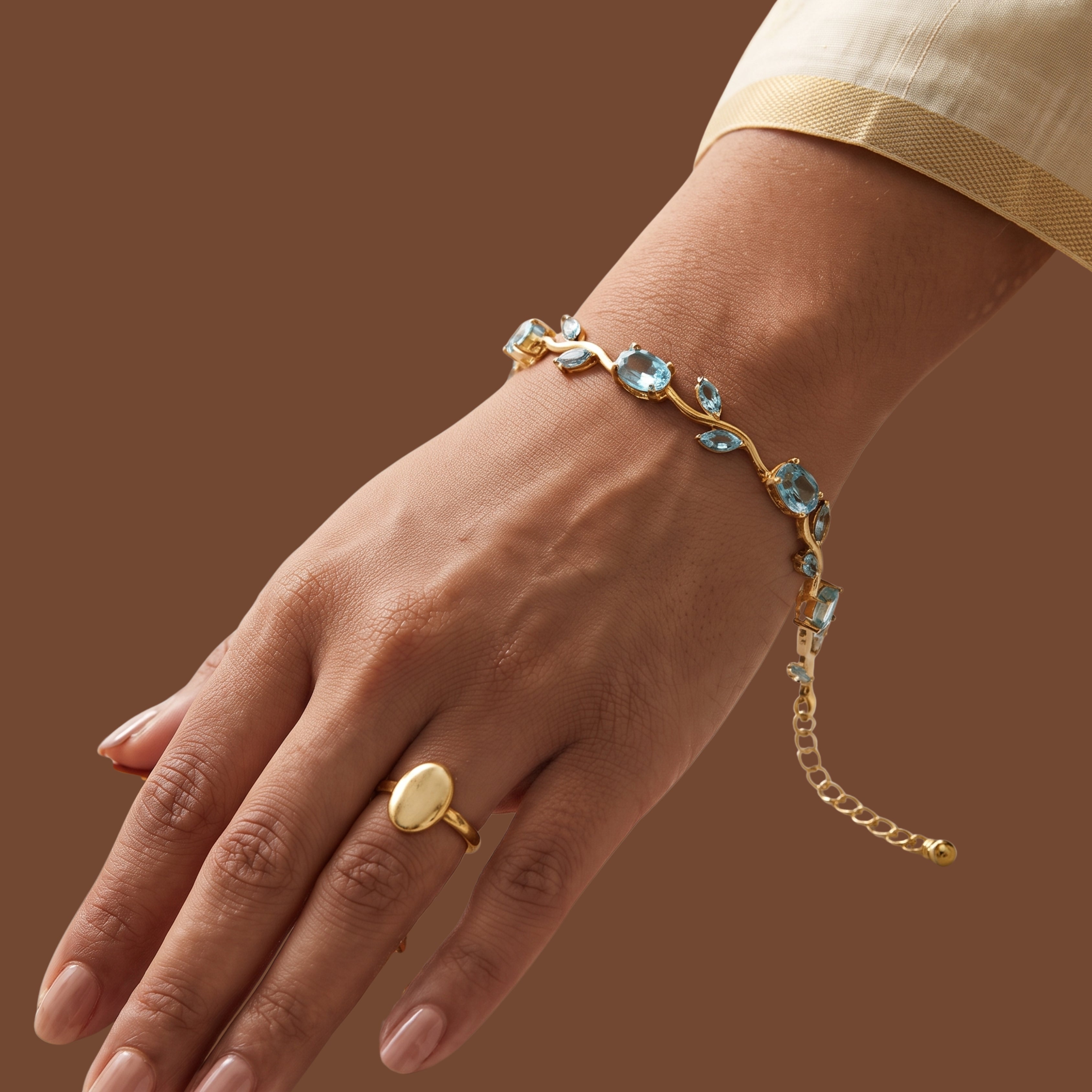 Gold Leaf Crystal Bracelet for Women | Adjustable Anti-Tarnish Bracelet with Blue Stones