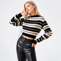 Women’s Black & Cream Striped Ribbed Knit Crop Sweater | Full Sleeve Casual Top
