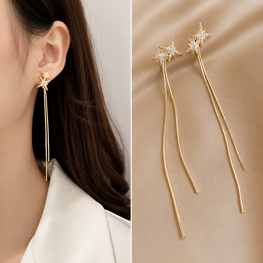 Gold Plated Star Drop Earrings for Women | Cubic Zirconia Minimal Long Chain Earrings | Anti-Tarnish Party & Casual Fashion Jewelry