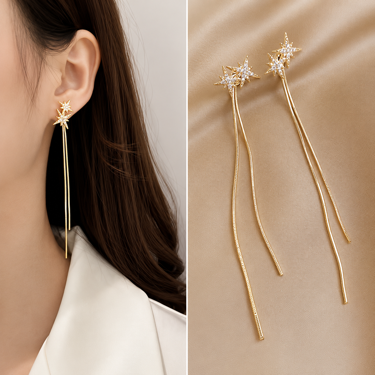 Gold Plated Star Drop Earrings for Women | Cubic Zirconia Minimal Long Chain Earrings | Anti-Tarnish Party & Casual Fashion Jewelry
