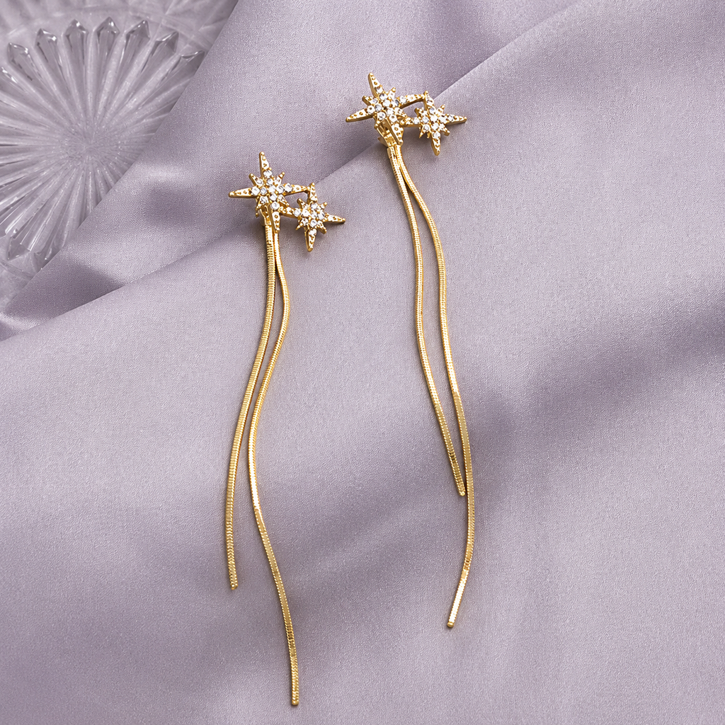 Gold Plated Star Drop Earrings for Women | Cubic Zirconia Minimal Long Chain Earrings | Anti-Tarnish Party & Casual Fashion Jewelry