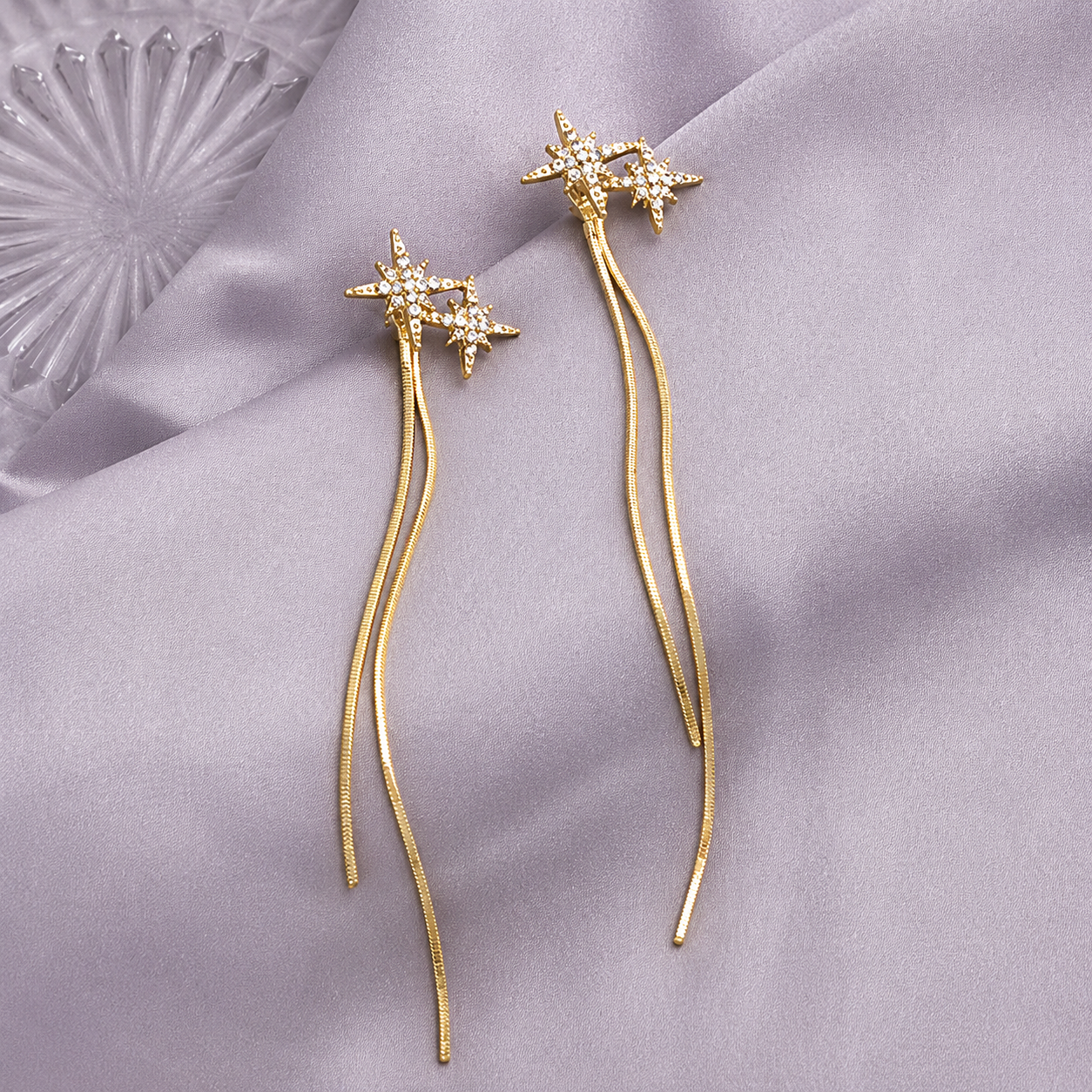 Gold Plated Star Drop Earrings for Women | Cubic Zirconia Minimal Long Chain Earrings | Anti-Tarnish Party & Casual Fashion Jewelry