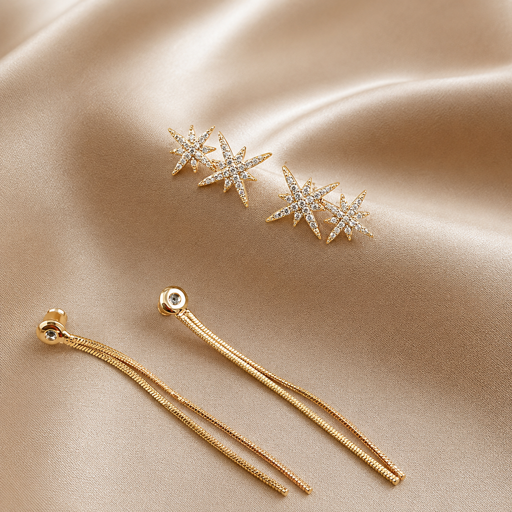 Gold Plated Star Drop Earrings for Women | Cubic Zirconia Minimal Long Chain Earrings | Anti-Tarnish Party & Casual Fashion Jewelry