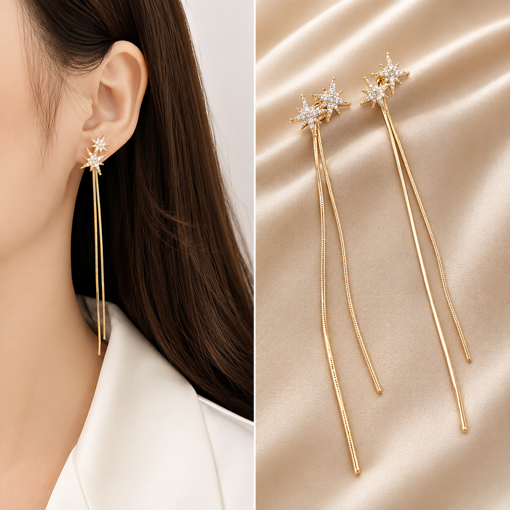 Gold Plated Star Drop Earrings for Women | Cubic Zirconia Minimal Long Chain Earrings | Anti-Tarnish Party & Casual Fashion Jewelry