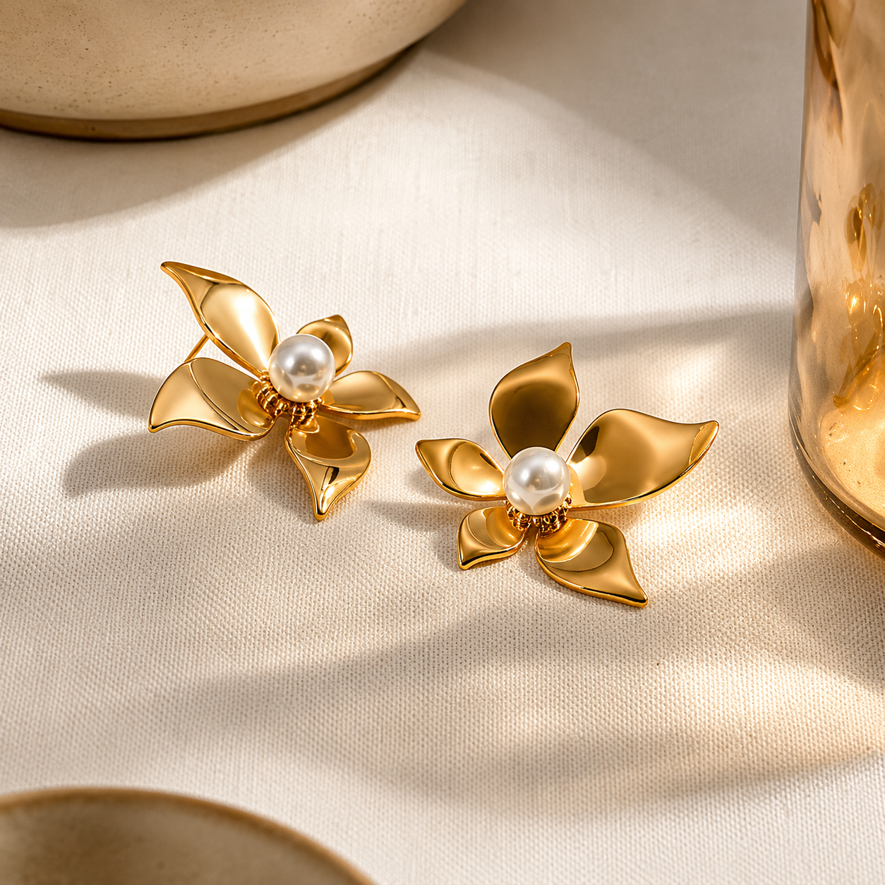 Gold Plated Korean Floral Stud Earrings for Women | Stainless Steel Pearl Flower Studs | Anti-Tarnish Party Wear Earrings