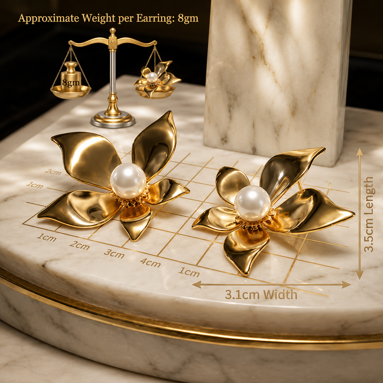 Gold Plated Korean Floral Stud Earrings for Women | Stainless Steel Pearl Flower Studs | Anti-Tarnish Party Wear Earrings