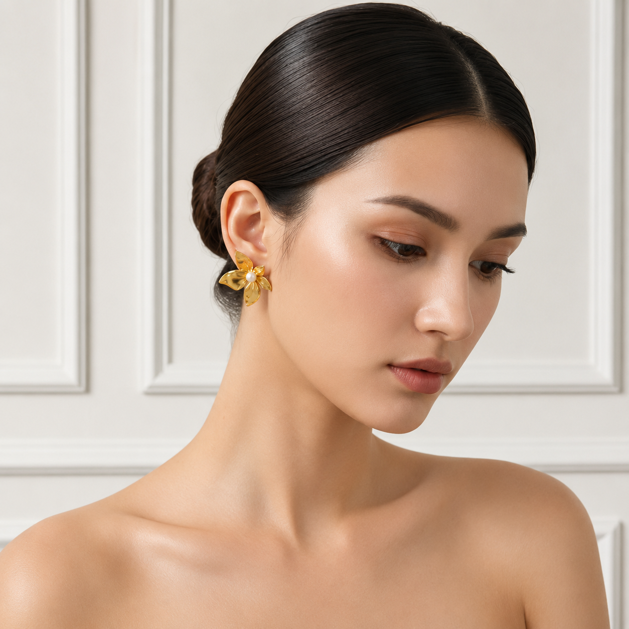 Gold Plated Korean Floral Stud Earrings for Women | Stainless Steel Pearl Flower Studs | Anti-Tarnish Party Wear Earrings