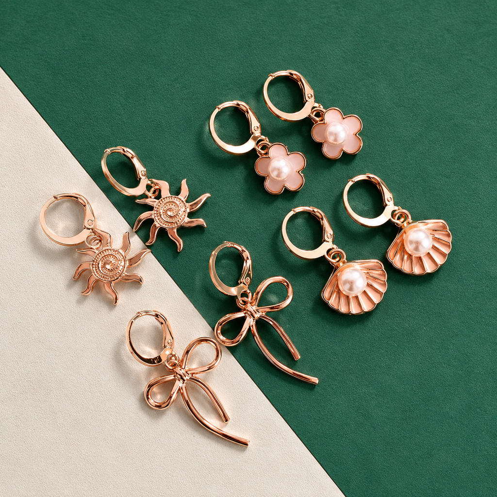 4 Pairs Gold Plated Pearl Stud Earrings Set for Women | Adjustable Brass Hoop Earrings | Floral, Bow, Shell & Sun Charm Earrings | Western Casual Jewelry
